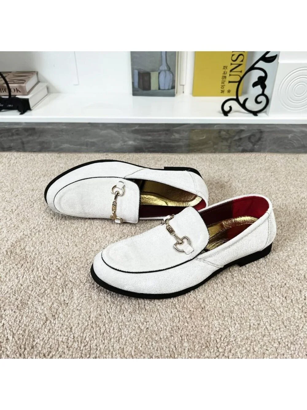 LCQL Men's White Leather Velvet Loafer Gold Buckle Slip On Comfortable Shoes